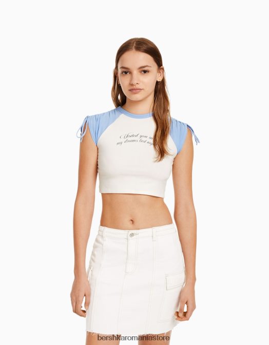 Bershka femei tricou cu mânecă scurtă imprimat cu aplecare alb Z86D625 îmbrăcăminte