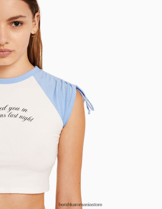 Bershka femei tricou cu mânecă scurtă imprimat cu aplecare alb Z86D625 îmbrăcăminte