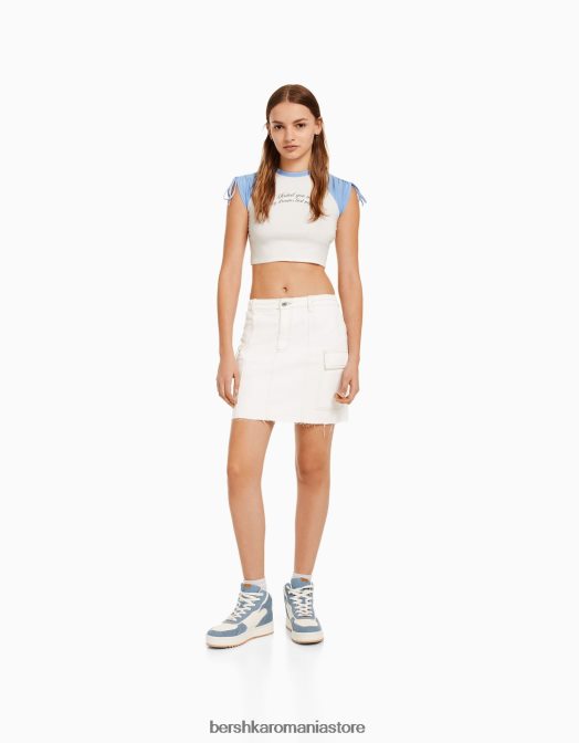 Bershka femei tricou cu mânecă scurtă imprimat cu aplecare alb Z86D625 îmbrăcăminte