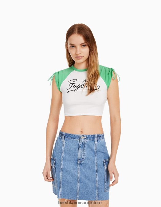 Bershka femei tricou cu mânecă scurtă imprimat cu aplecare alb Z86D626 îmbrăcăminte