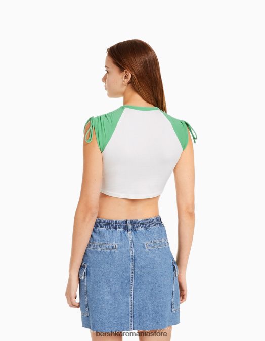 Bershka femei tricou cu mânecă scurtă imprimat cu aplecare alb Z86D626 îmbrăcăminte