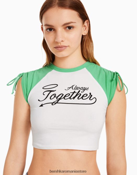 Bershka femei tricou cu mânecă scurtă imprimat cu aplecare alb Z86D626 îmbrăcăminte