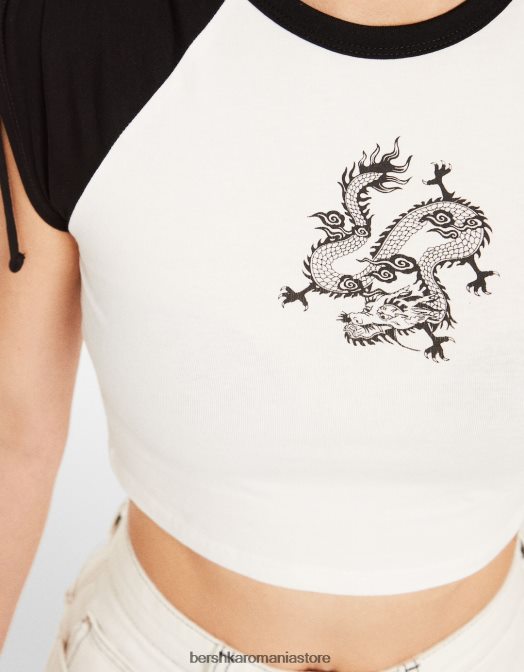 Bershka femei tricou cu mânecă scurtă imprimat cu aplecare alb negru Z86D624 îmbrăcăminte