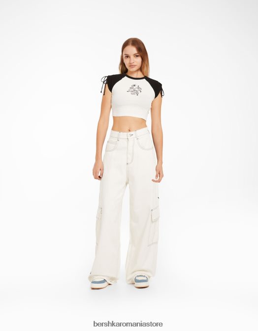 Bershka femei tricou cu mânecă scurtă imprimat cu aplecare alb negru Z86D624 îmbrăcăminte