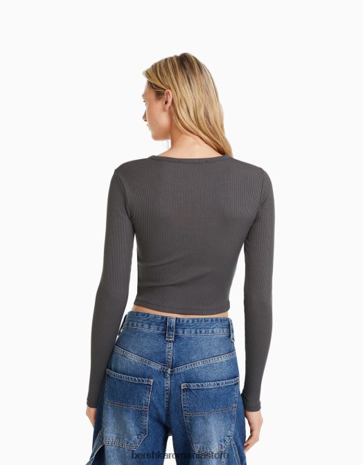 Bershka femei tricou cu maneca lunga cu decolteu asimetric gri inchis Z86D473 îmbrăcăminte