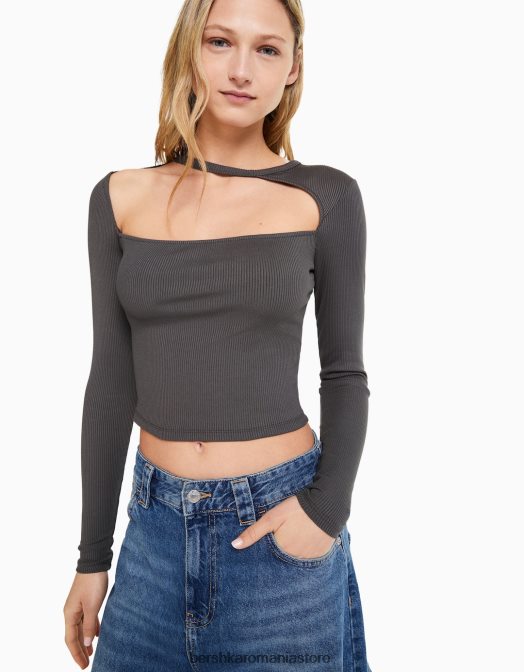 Bershka femei tricou cu maneca lunga cu decolteu asimetric gri inchis Z86D473 îmbrăcăminte