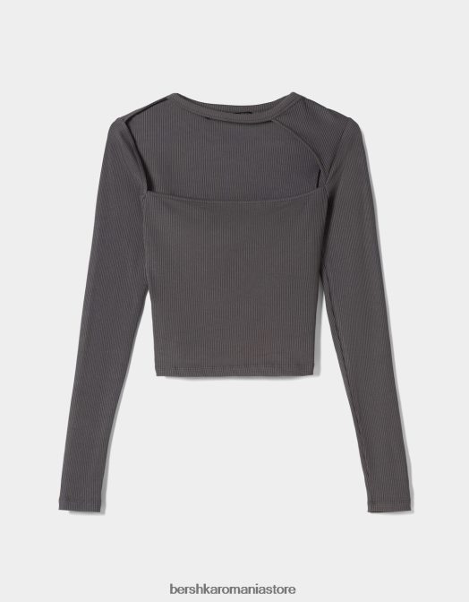 Bershka femei tricou cu maneca lunga cu decolteu asimetric gri inchis Z86D473 îmbrăcăminte
