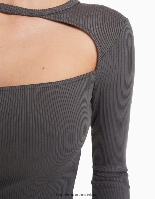 Bershka femei tricou cu maneca lunga cu decolteu asimetric gri inchis Z86D473 îmbrăcăminte