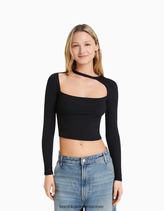 Bershka femei tricou cu maneca lunga cu decolteu asimetric negru Z86D474 îmbrăcăminte
