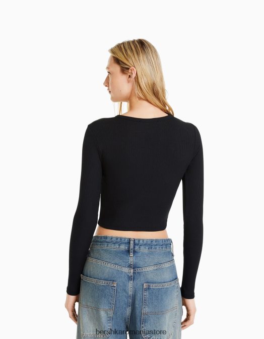 Bershka femei tricou cu maneca lunga cu decolteu asimetric negru Z86D474 îmbrăcăminte