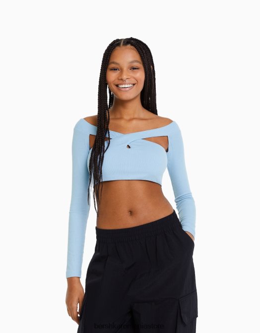 Bershka femei tricou cu maneca lunga cu decolteu incrucisat albastru deschis Z86D416 îmbrăcăminte