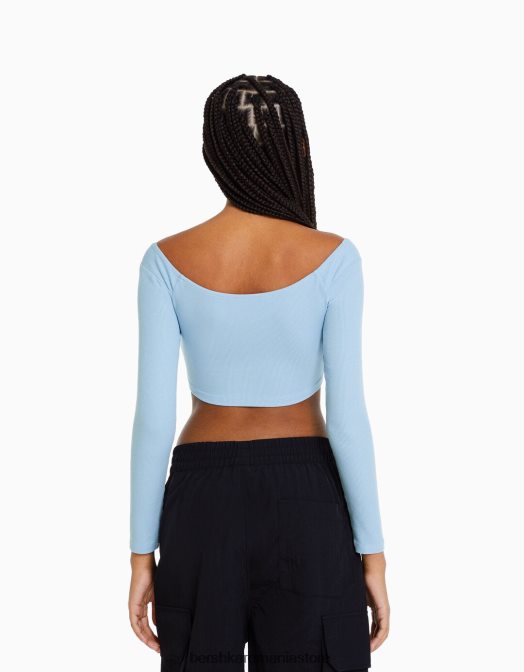 Bershka femei tricou cu maneca lunga cu decolteu incrucisat albastru deschis Z86D416 îmbrăcăminte