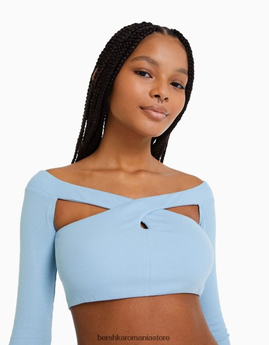 Bershka femei tricou cu maneca lunga cu decolteu incrucisat albastru deschis Z86D416 îmbrăcăminte