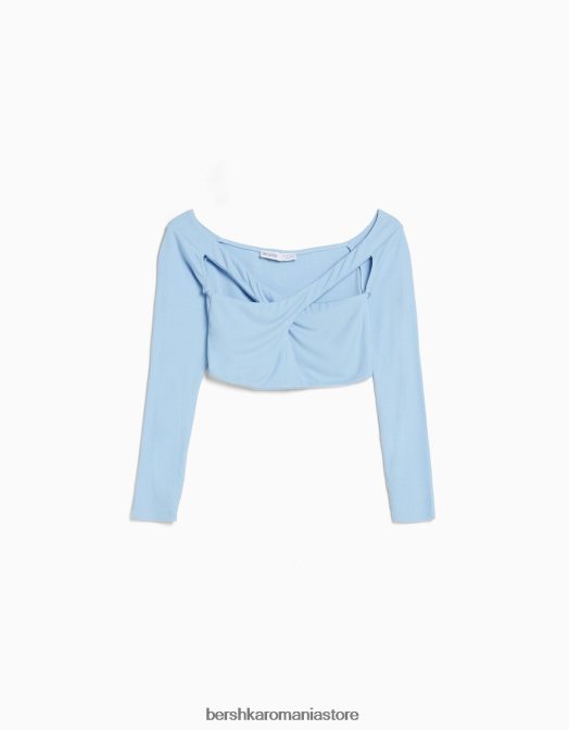 Bershka femei tricou cu maneca lunga cu decolteu incrucisat albastru deschis Z86D416 îmbrăcăminte