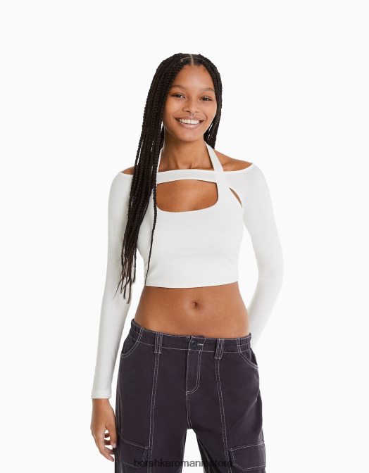 Bershka femei tricou cu maneca lunga cu detaliu guler alb Z86D538 îmbrăcăminte