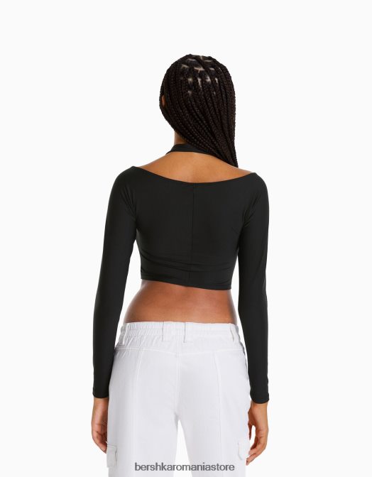 Bershka femei tricou cu maneca lunga cu detaliu guler negru Z86D537 îmbrăcăminte