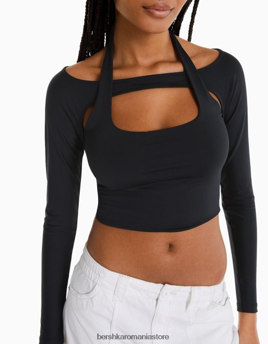 Bershka femei tricou cu maneca lunga cu detaliu guler negru Z86D537 îmbrăcăminte