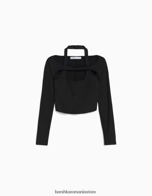 Bershka femei tricou cu maneca lunga cu detaliu guler negru Z86D537 îmbrăcăminte