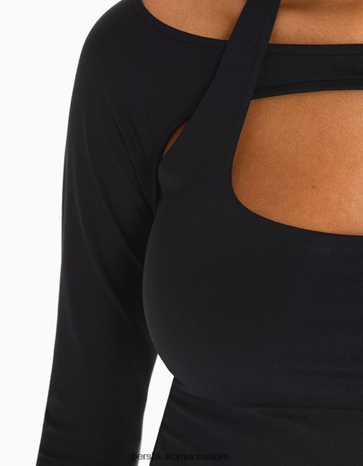 Bershka femei tricou cu maneca lunga cu detaliu guler negru Z86D537 îmbrăcăminte