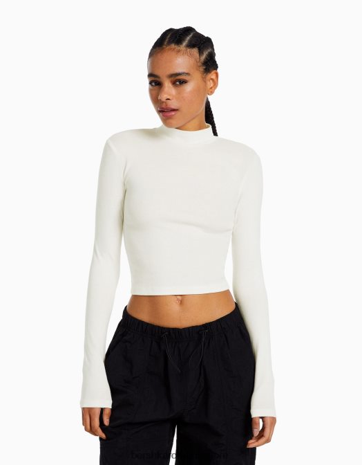 Bershka femei tricou cu maneca lunga cu gat inalt aproape alb Z86D407 îmbrăcăminte