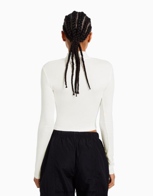 Bershka femei tricou cu maneca lunga cu gat inalt aproape alb Z86D407 îmbrăcăminte