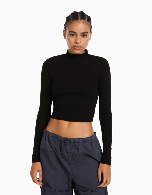 Bershka femei tricou cu maneca lunga cu gat inalt negru Z86D408 îmbrăcăminte