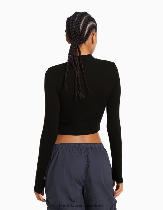 Bershka femei tricou cu maneca lunga cu gat inalt negru Z86D408 îmbrăcăminte