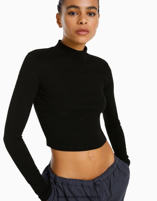 Bershka femei tricou cu maneca lunga cu gat inalt negru Z86D408 îmbrăcăminte