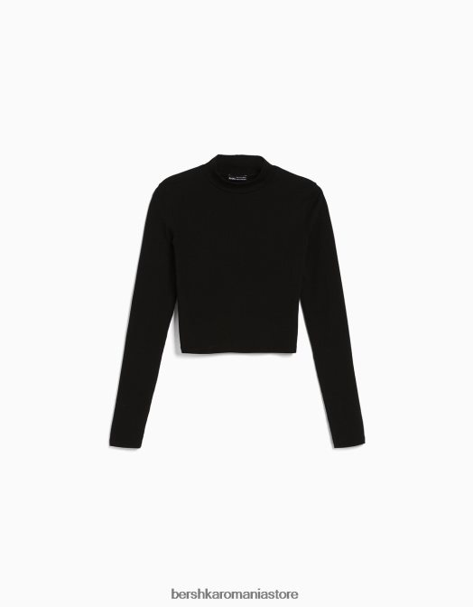 Bershka femei tricou cu maneca lunga cu gat inalt negru Z86D408 îmbrăcăminte