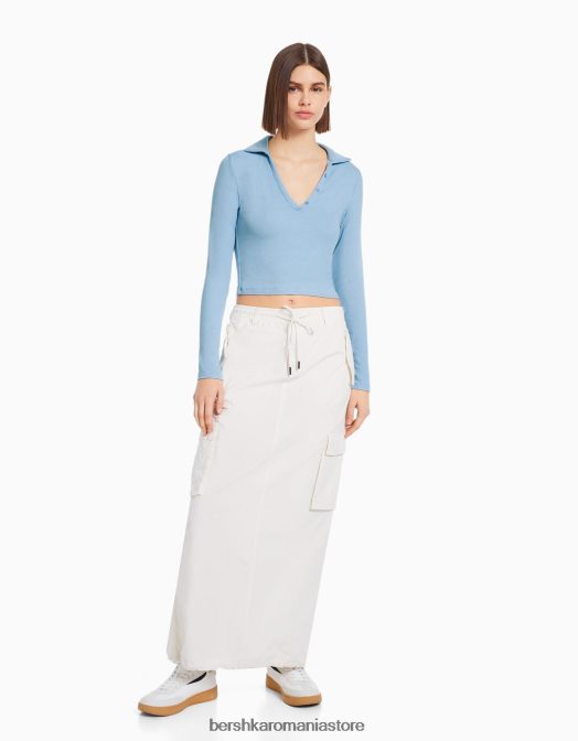 Bershka femei tricou cu maneca lunga cu guler polo cu nasturi albastru deschis Z86D444 îmbrăcăminte