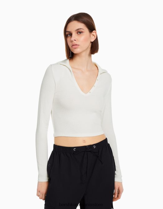 Bershka femei tricou cu maneca lunga cu guler polo cu nasturi cremă Z86D445 îmbrăcăminte