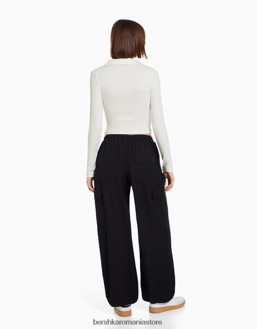 Bershka femei tricou cu maneca lunga cu guler polo cu nasturi cremă Z86D445 îmbrăcăminte