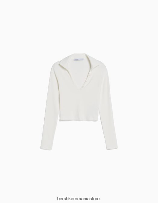 Bershka femei tricou cu maneca lunga cu guler polo cu nasturi cremă Z86D445 îmbrăcăminte