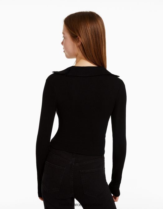 Bershka femei tricou cu maneca lunga cu guler polo cu nasturi negru Z86D443 îmbrăcăminte
