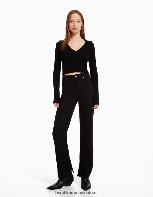 Bershka femei tricou cu maneca lunga cu guler polo cu nasturi negru Z86D443 îmbrăcăminte