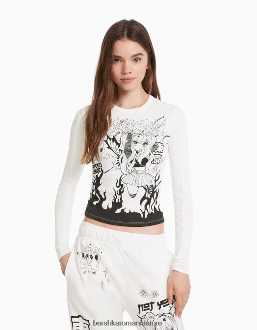 Bershka femei tricou cu maneca lunga cu imprimeu anime exclusiv Z86D644 îmbrăcăminte