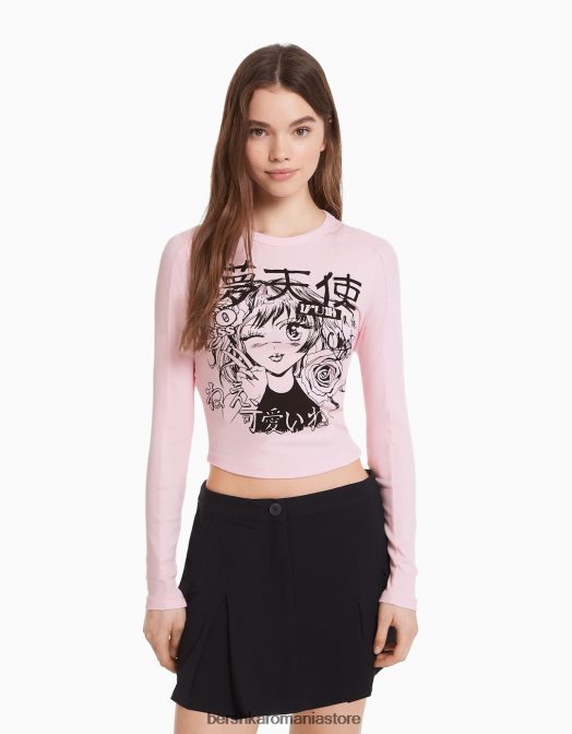 Bershka femei tricou cu maneca lunga cu imprimeu anime roz Z86D645 îmbrăcăminte