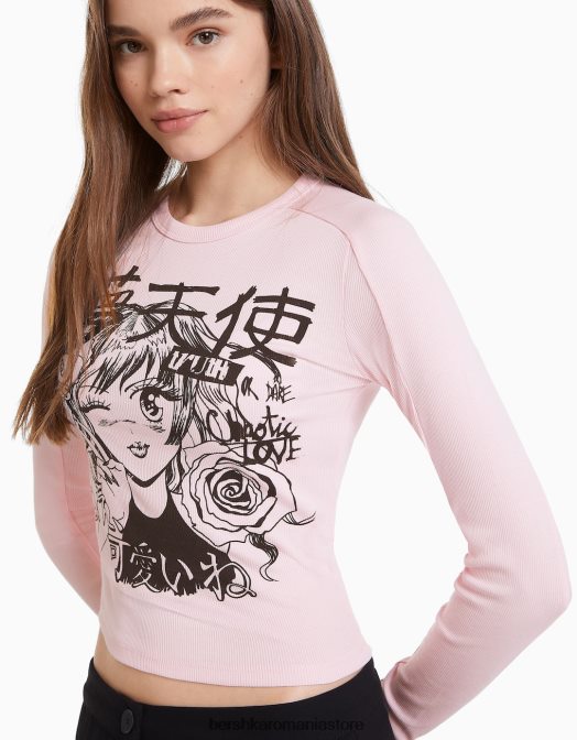Bershka femei tricou cu maneca lunga cu imprimeu anime roz Z86D645 îmbrăcăminte