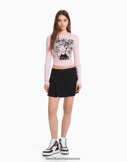Bershka femei tricou cu maneca lunga cu imprimeu anime roz Z86D645 îmbrăcăminte