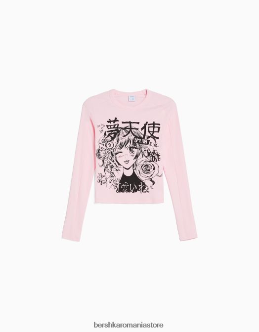 Bershka femei tricou cu maneca lunga cu imprimeu anime roz Z86D645 îmbrăcăminte