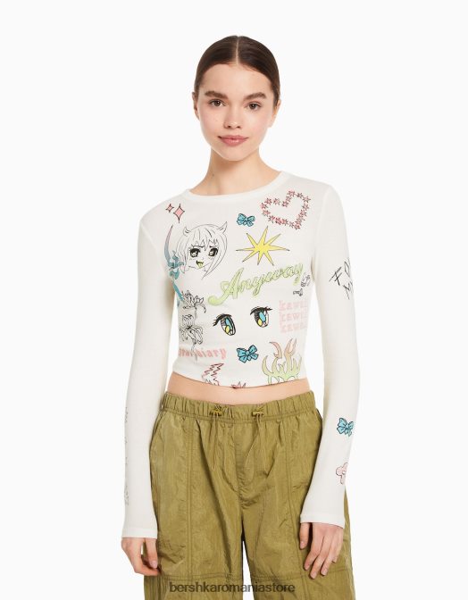 Bershka femei tricou cu maneca lunga cu imprimeu aproape alb Z86D622 îmbrăcăminte