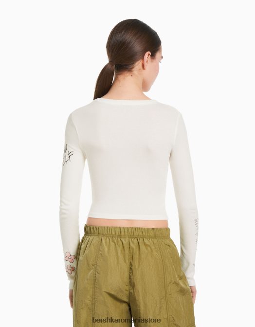 Bershka femei tricou cu maneca lunga cu imprimeu aproape alb Z86D622 îmbrăcăminte