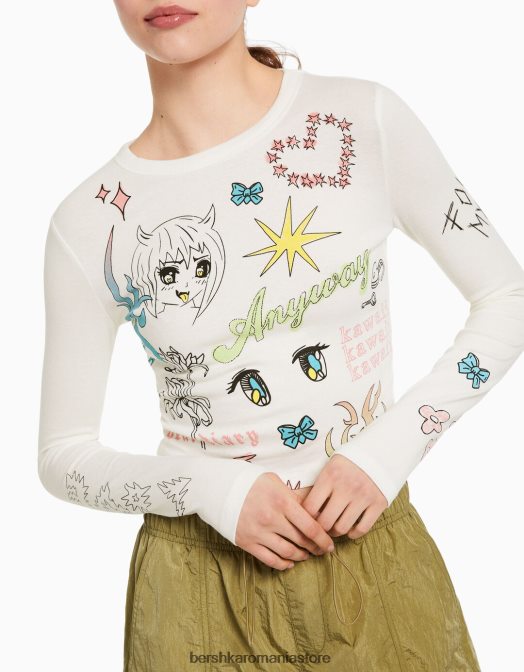 Bershka femei tricou cu maneca lunga cu imprimeu aproape alb Z86D622 îmbrăcăminte