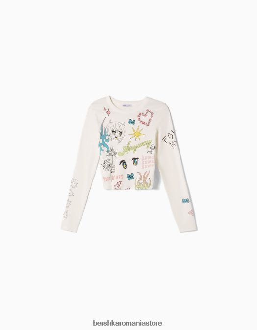 Bershka femei tricou cu maneca lunga cu imprimeu aproape alb Z86D622 îmbrăcăminte