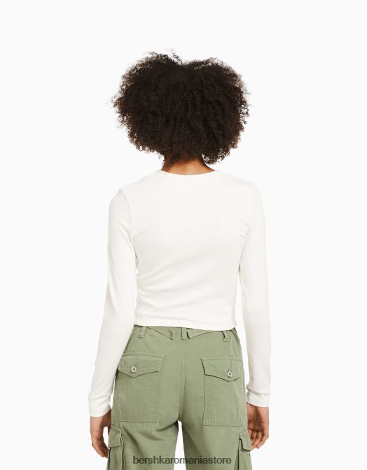Bershka femei tricou cu maneca lunga cu imprimeu cremă Z86D616 îmbrăcăminte