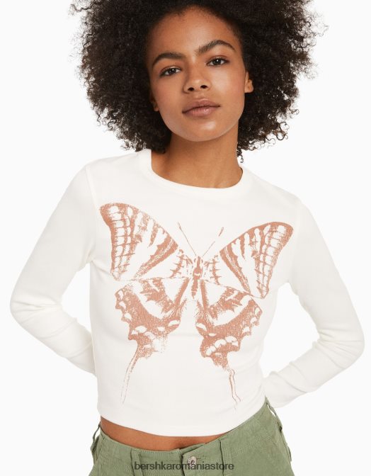 Bershka femei tricou cu maneca lunga cu imprimeu cremă Z86D616 îmbrăcăminte