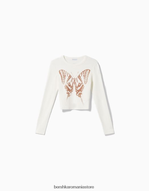 Bershka femei tricou cu maneca lunga cu imprimeu cremă Z86D616 îmbrăcăminte