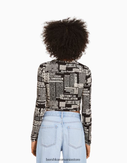 Bershka femei tricou cu maneca lunga cu imprimeu gri Z86D615 îmbrăcăminte