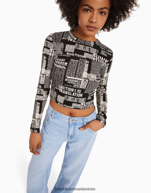 Bershka femei tricou cu maneca lunga cu imprimeu gri Z86D615 îmbrăcăminte