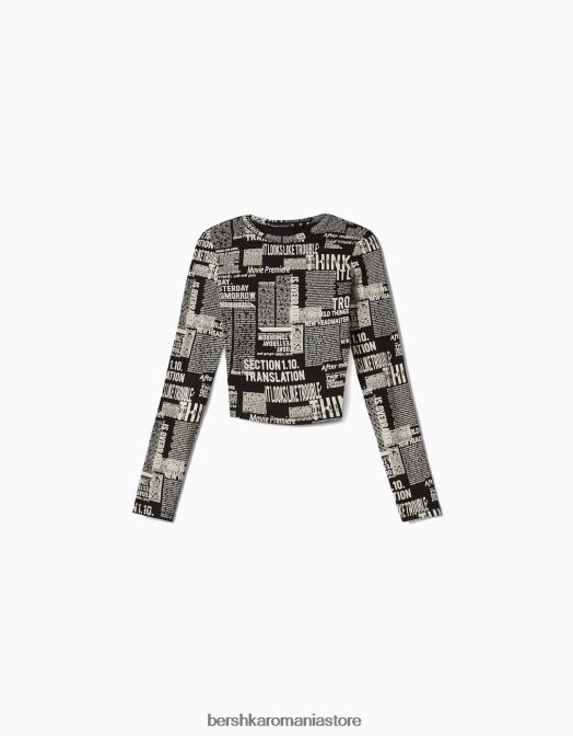 Bershka femei tricou cu maneca lunga cu imprimeu gri Z86D615 îmbrăcăminte